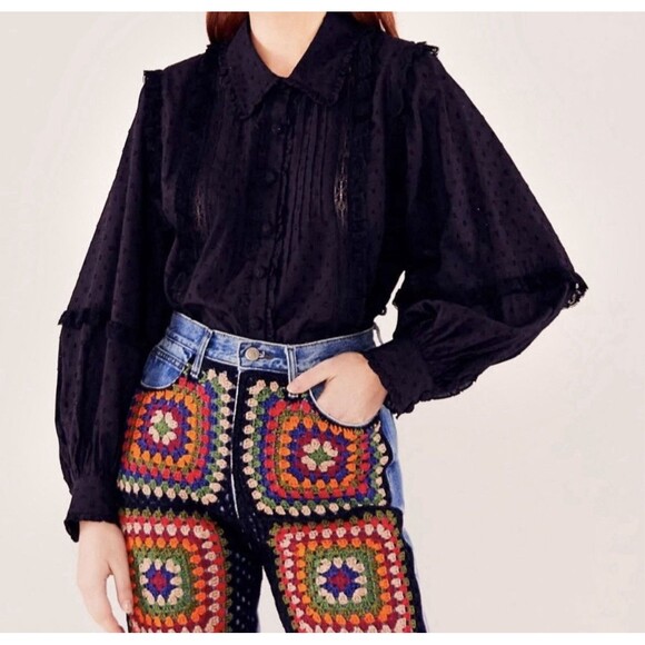 Farm Rio Blouse XS Black Romantic Swiss Dot Ruffle Button Up Victorian Boho - Picture 2 of 16
